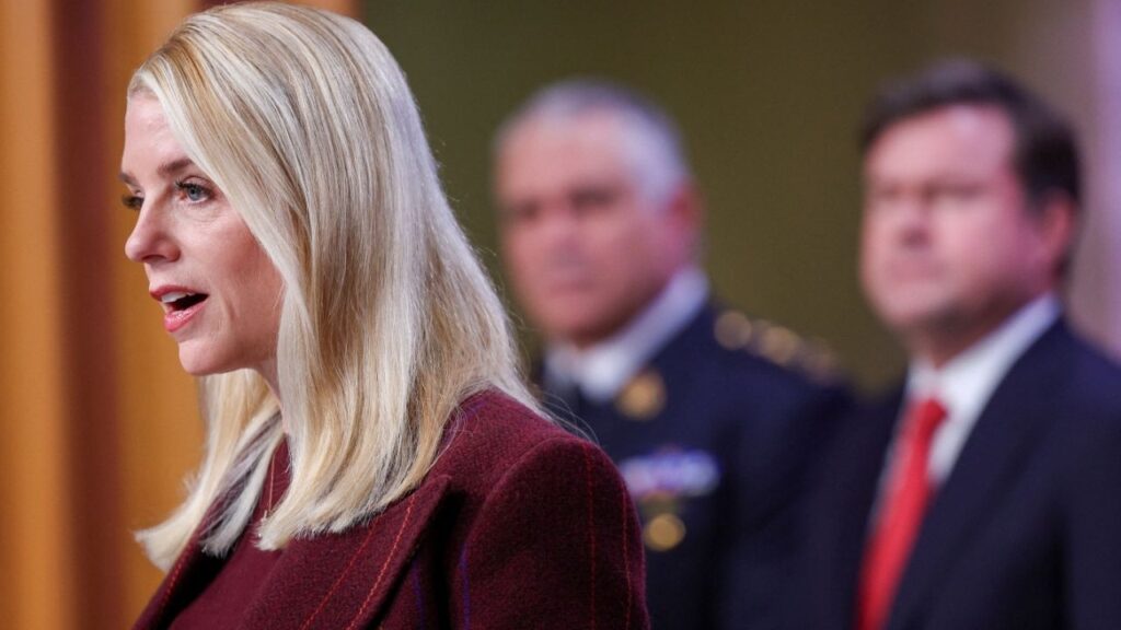 U.S. Attorney General Pam Bondi speaks during the announcement of a law enforcement action during a press conference at the Department of Justice in Washington, D.C., U.S., November 19, 2025. (Reuters/Tom Brenner)