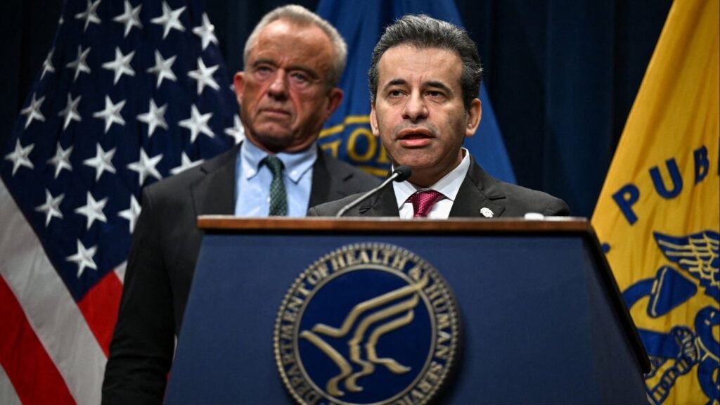 U.S. Food and Drug Administration Commissioner Marty Makary speaks during a press conference alongside U.S. Secretary of Health and Human Services Robert F. Kennedy Jr., and Centers for Medicare & Medicaid Services Administrator Mehmet Oz, discussing administration plans to lower drug costs, at the Department of Health and Human Services in Washington, D.C., U.S., October 29, 2025. REUTERS/Annabelle Gordon/File Photo