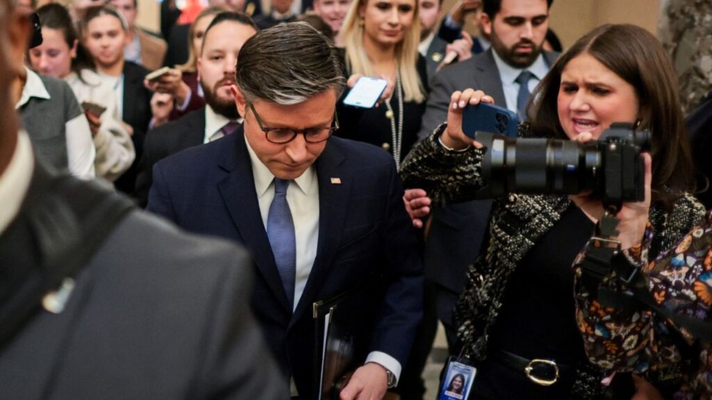 U.S. House Speaker Mike Johnson (R-LA) departs the House floor, following the vote of the U.S. House of Representatives, which passed the bill seeking to release files related to the late convicted sex offender Jeffrey Epstein, on Capitol Hill in Washington, D.C., U.S., November 18, 2025. (Reuters/Jonathan Ernst)
