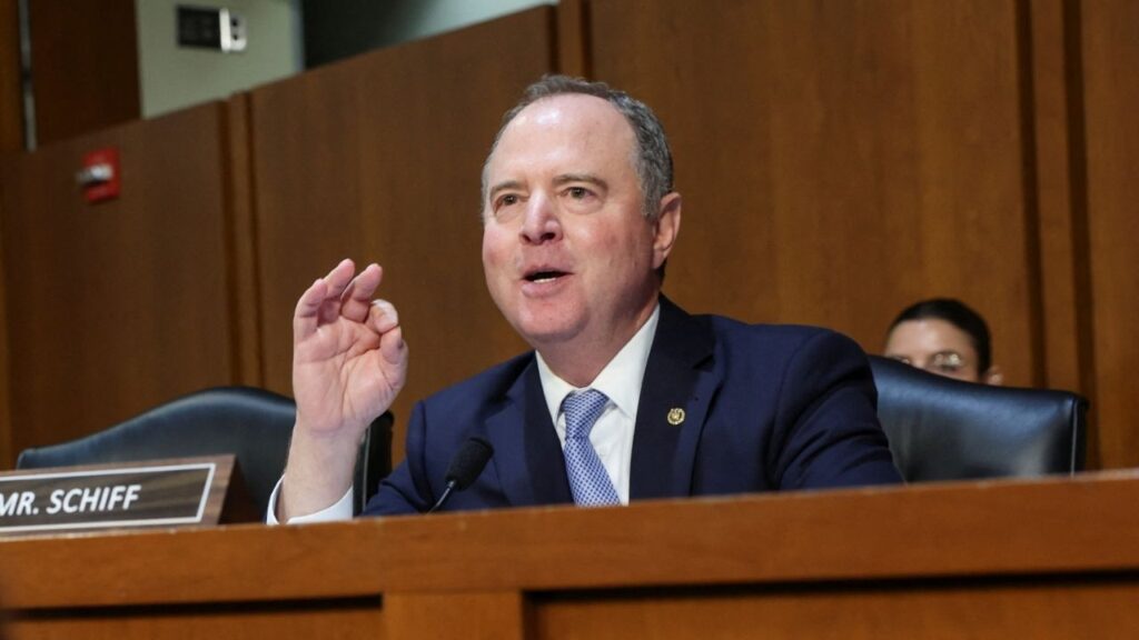 U.S. Senator Adam Schiff (D-CA) gestures as he speaks while FBI Director Kash Patel testifies before a Senate Judiciary Committee hearing on oversight of the Federal Bureau of Investigation, on Capitol Hill in Washington, D.C., U.S., September 16, 2025. (Reuters/Jonathan Ernst)