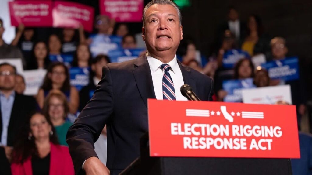 U.S. Senator Alex Padilla attends a rally about redistricting at the Democracy Center of the Japanese American National Museum in Los Angeles on Aug. 14, 2025. (CalMatters/Ted Soqui)