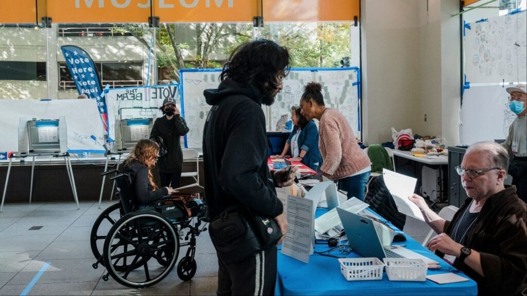 Voters cast their ballots at The California Museum polling site for the Proposition 50 ballot measure in Sacramento, Calif., on Tuesday, Nov. 4, 2025. A redistricting arms race, started by President Donald Trump’s push to redraw Texas maps in Republicans’ favor, continues, but it may be reaching its limits. (Gabriella Bhaskar/The New York Times)