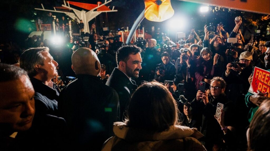 Zohran Mamdani, the Democratic nominee for New York City mayor, during a campaign event in the Astoria neighborhood of Queens on Monday, Nov. 3, 2025. (Amir Hamja/The New York Times)