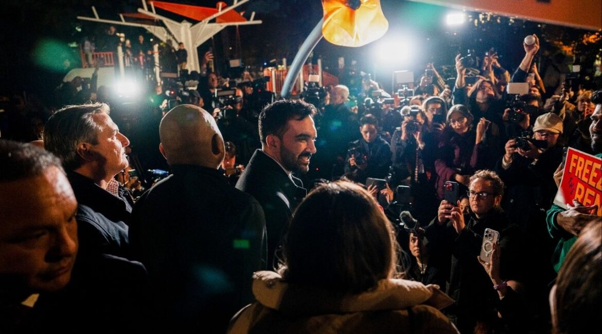 Zohran Mamdani, the Democratic nominee for New York City mayor, during a campaign event in the Astoria neighborhood of Queens on Monday, Nov. 3, 2025. (Amir Hamja/The New York Times)