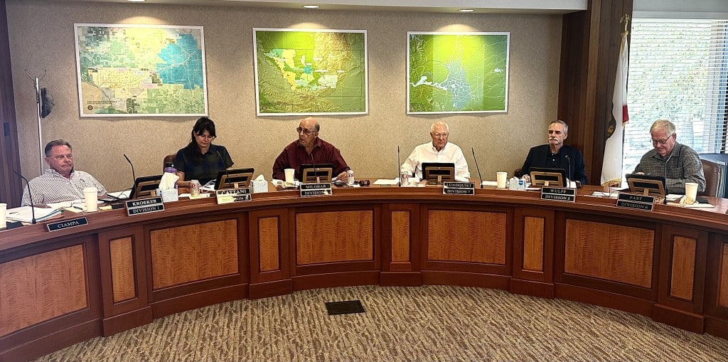 Image of Members of the Kern County Water Agency, minus former president Eric Averett, preparing to vote to hire Averett as the agency’s new general manager at their Oct. 23, 2025, meeting.