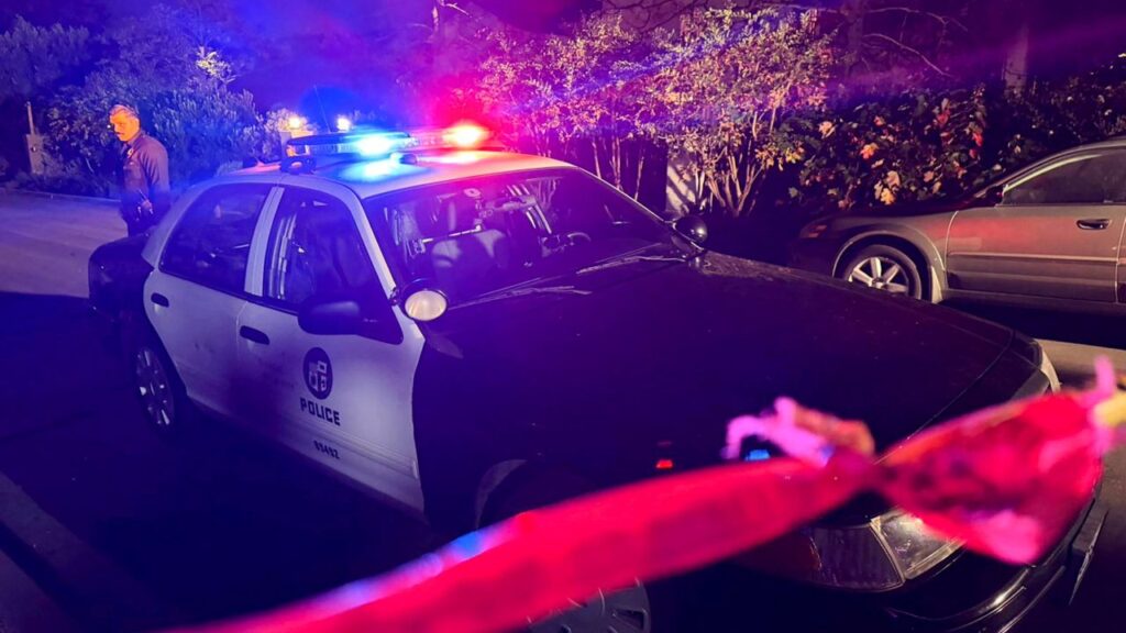 Image of a black and white Los Angeles police car at night with blue and red lights on roof lit up