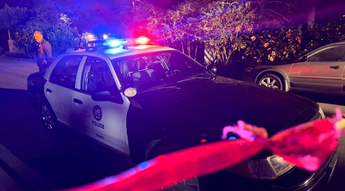 Image of a black and white Los Angeles police car at night with blue and red lights on roof lit up
