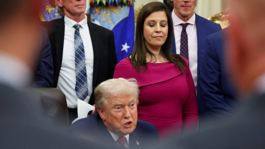 Image of Rep. Elise Stefanik, in a rose colored dress, looking down from above at President Trump