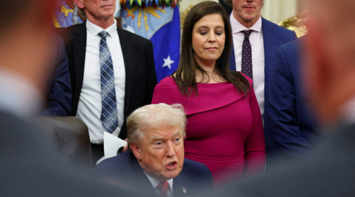 Image of Rep. Elise Stefanik, in a rose colored dress, looking down from above at President Trump
