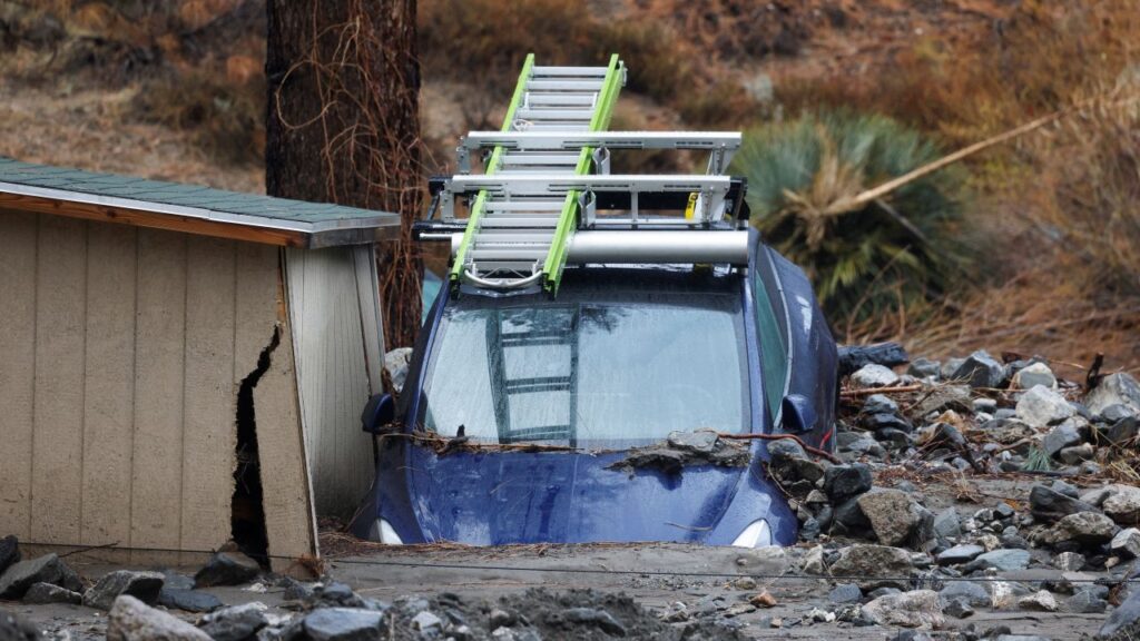 Image of a blue car buried nose first in mud next to a storage shed and under a tree, The care has a rack, which is holding a ladder, on top.