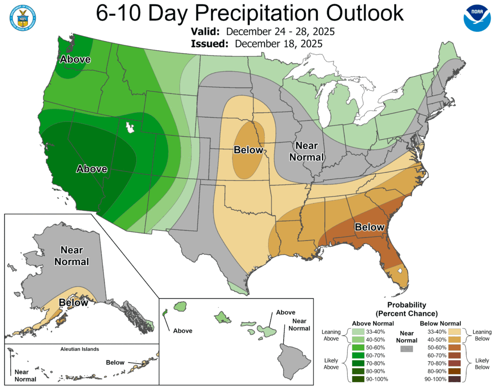 Image of the Climate Prediction Center 6-10 Day Outlook for Precipitation. Various shades of green denote rain and snow