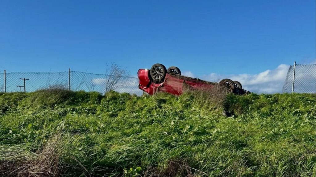 A California Highway Patrol officer responded Thursday, Dec. 25, 2025, to a two-vehicle crash on State Route 99 near Winton Parkway after a driver said they were feeling sleepy. (CHP)