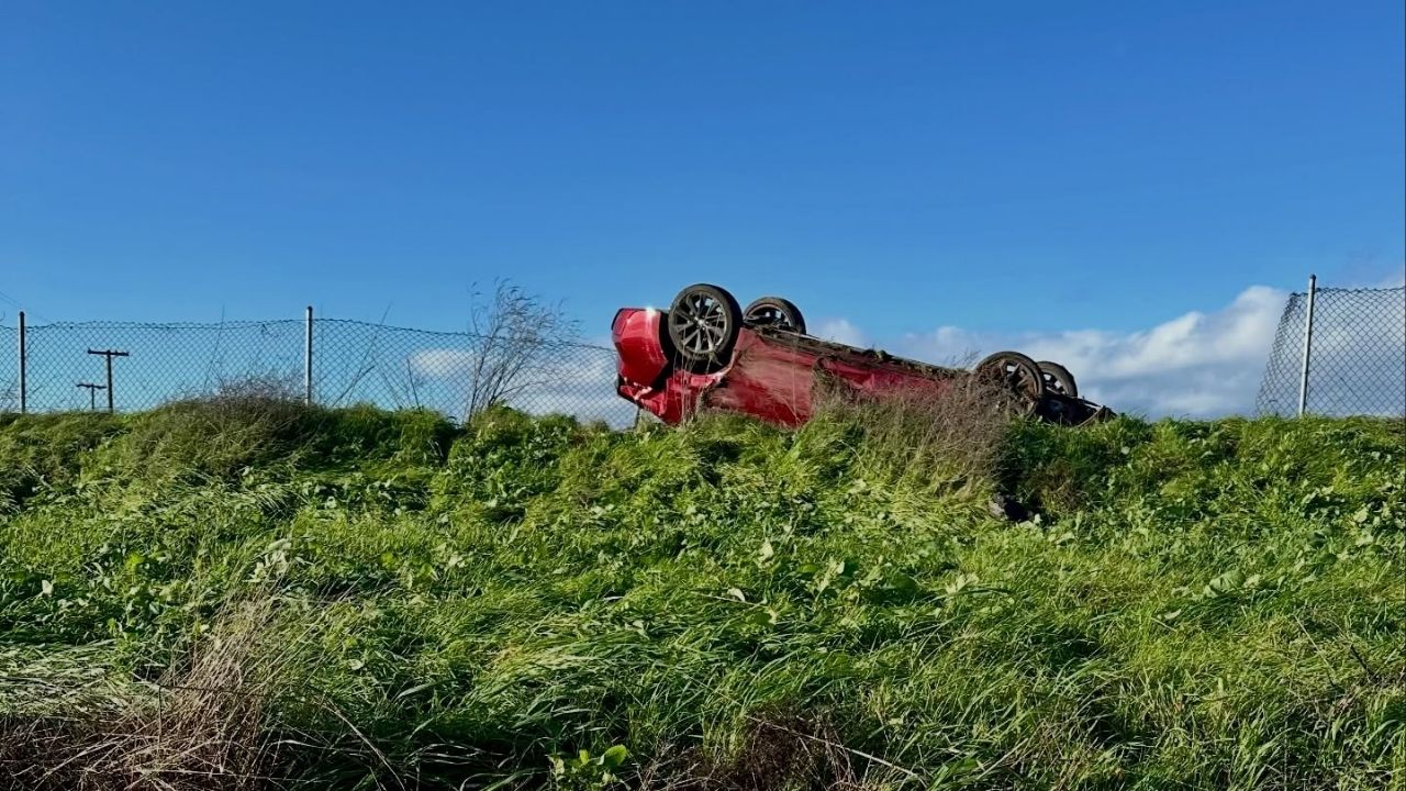 A California Highway Patrol officer responded Thursday, Dec. 25, 2025, to a two-vehicle crash on State Route 99 near Winton Parkway after a driver said they were feeling sleepy. (CHP)