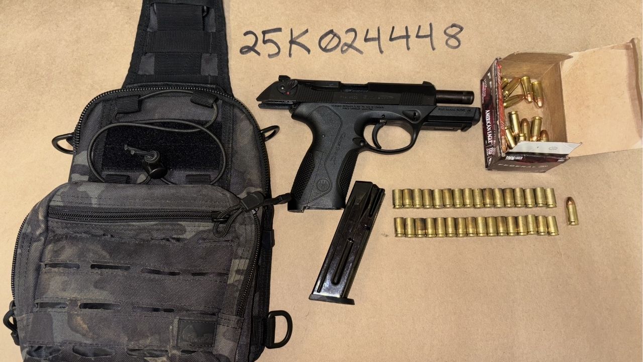 A Hanford man was arrested Monday, Dec. 11, 2025, after Kings County deputies responded to reports of gunfire at a Home Gardens residence and found him, a convicted felon, in possession of a handgun and ammunition. (Kings County SO)