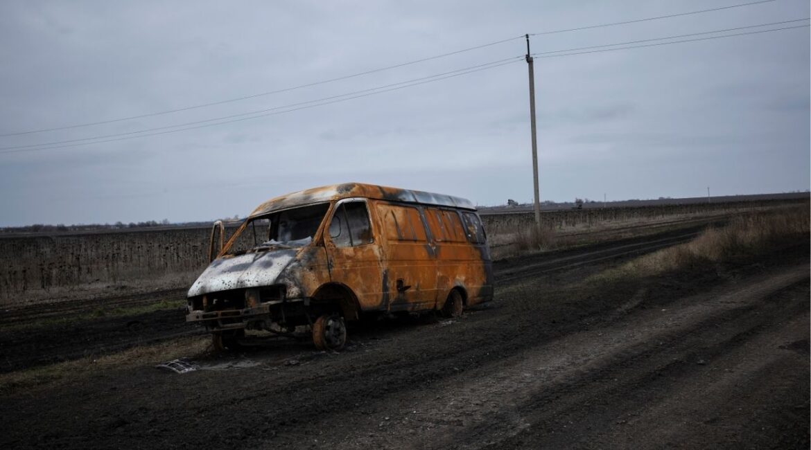 A burned-out van along a road in eastern Ukraine, Dec. 24, 2025. President Volodymyr Zelenskyy of Ukraine said on Friday that he would meet this weekend with President Trump, as Ukraine and the United States try to maintain momentum in American-led efforts to end the war with Russia. (Tyler Hicks/The New York Times)