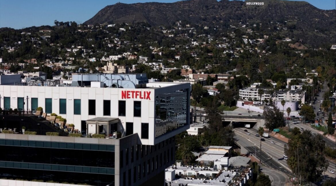 A drone view shows the Netflix logo on one of their buildings in the Hollywood neighborhood of Los Angeles, California, December 8, 2025. (Reuters/Daniel Cole)