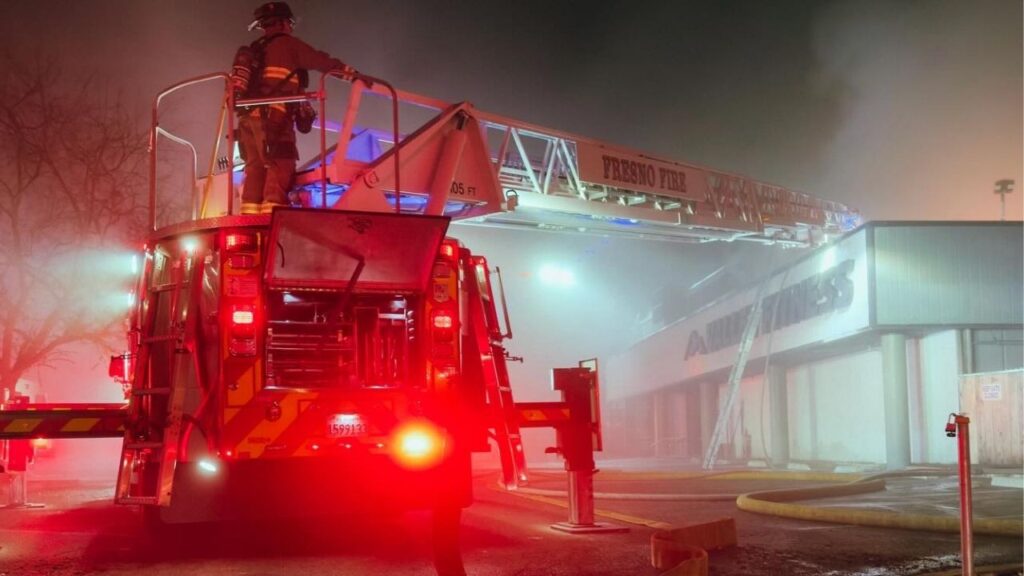 A fire early Tuesday, Dec. 30, 2025, at Valley Fitness in Fresno damaged the gym, injured one firefighter, and prompted a prolonged response by about 50 firefighters. (Fresno FD)