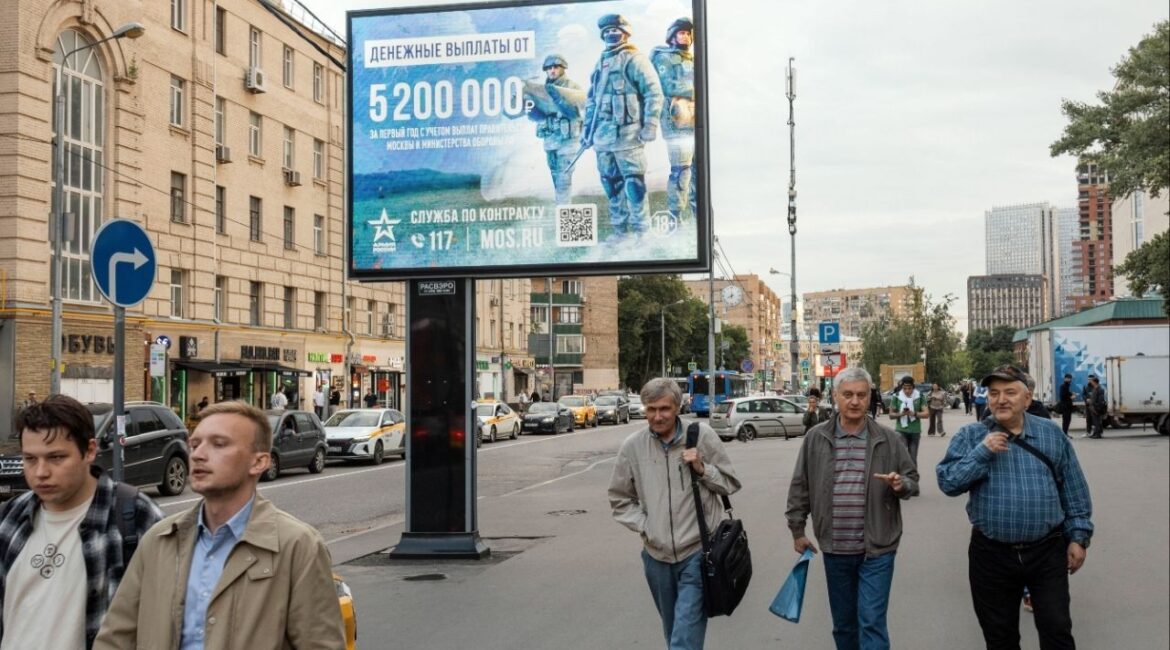 A military recruitment billboard touting enlistment bonuses in Moscow, June 25, 2025. What could make the Kremlin actually want peace? Economic and military pressures could force Russia’s hand. Its economy is strained — but not enough to do that, analysts say. And President Vladimir Putin says Russia is winning the war. (Nanna Heitmann/The New York Times)
