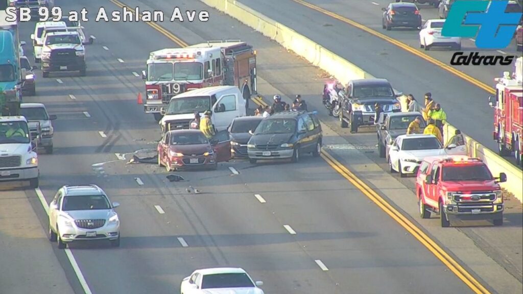 A multi-vehicle collision near Ashlan Avenue forced Southbound Highway 99 down to one lane Thursday, Dec. 4, 2025, prompting warnings of delays from Caltrans. (Caltrans)