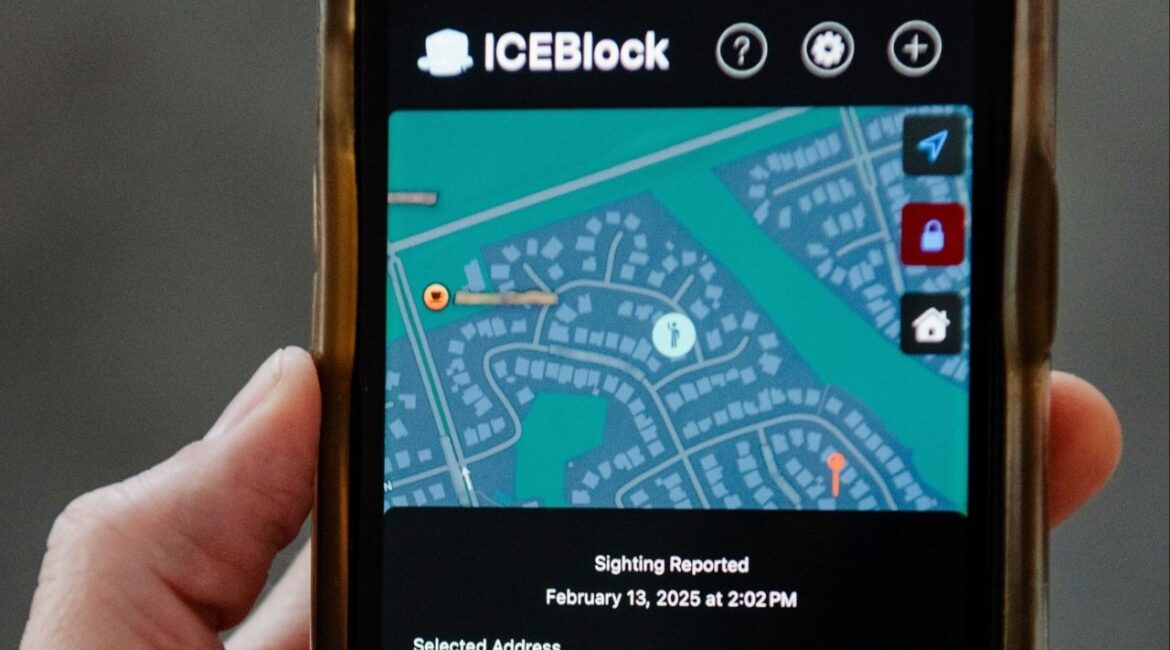 A phone displays a demonstration screenshot of the app ICEBlock, Dec. 6, 2025. On Monday, Dec. 8, the app’s developer, Joshua Aaron, sued top Trump administration officials, accusing them of pressuring Apple to stifle his free speech and his right to create, distribute and promote the app that allowed users to alert people when they saw ICE agents. (Carter Johnston/The New York Times)