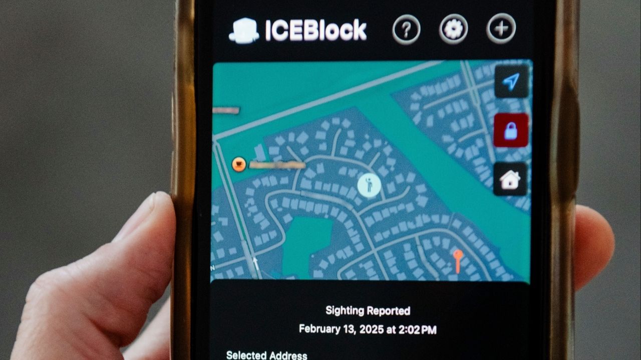 A phone displays a demonstration screenshot of the app ICEBlock, Dec. 6, 2025. On Monday, Dec. 8, the app’s developer, Joshua Aaron, sued top Trump administration officials, accusing them of pressuring Apple to stifle his free speech and his right to create, distribute and promote the app that allowed users to alert people when they saw ICE agents. (Carter Johnston/The New York Times)