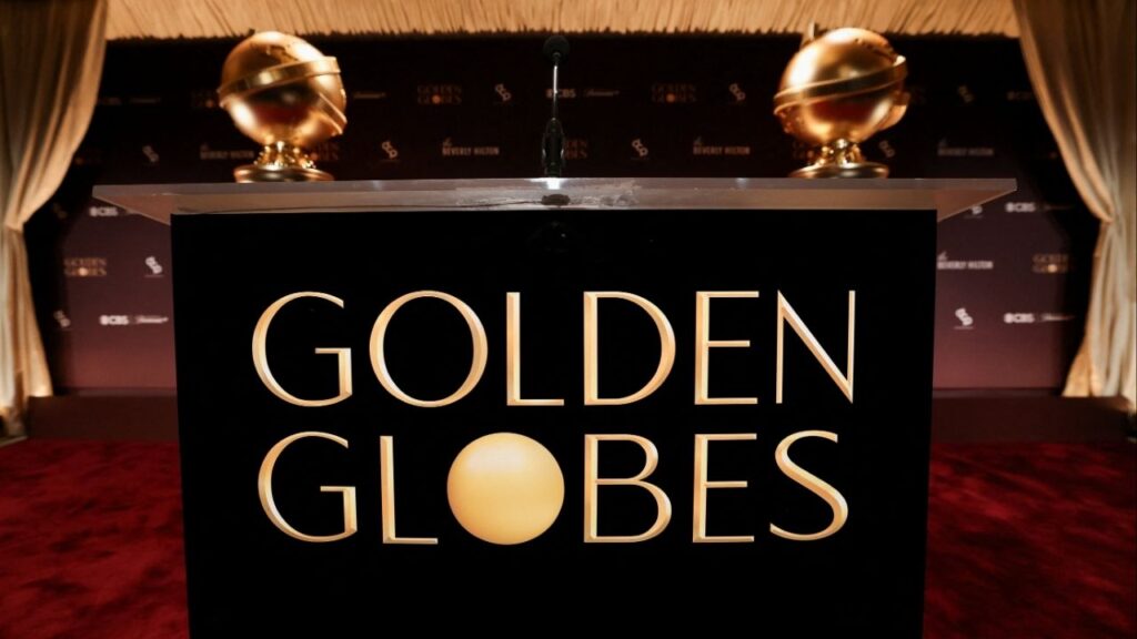 A podium stands near Golden Globe statues, ahead of the announcement of the nominations for the 83rd Golden Globe Awards in Beverly Hills, California, U.S., December 8, 2025. (Reuters/Mario Anzuoni)