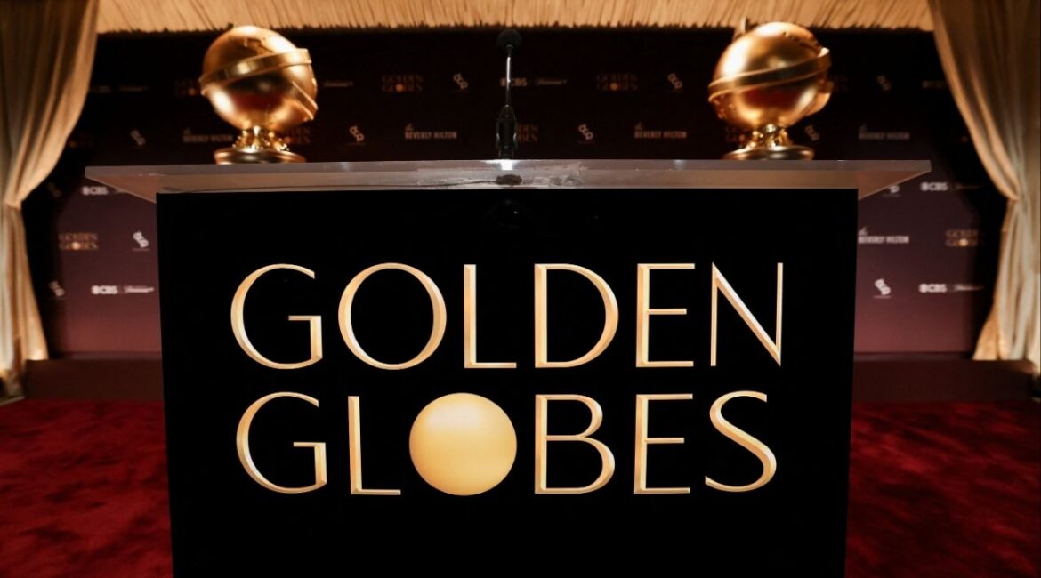 A podium stands near Golden Globe statues, ahead of the announcement of the nominations for the 83rd Golden Globe Awards in Beverly Hills, California, U.S., December 8, 2025. (Reuters/Mario Anzuoni)