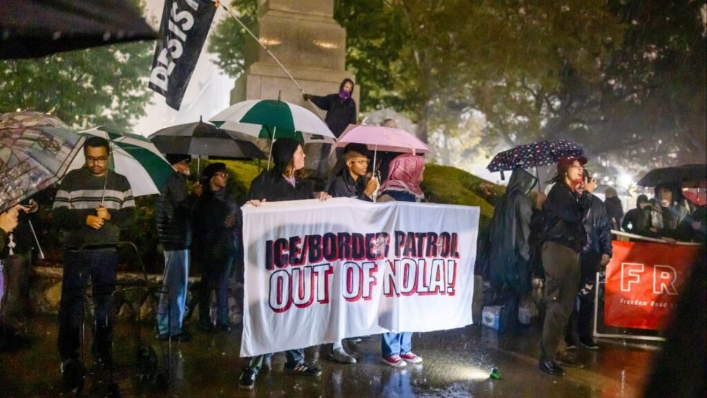 A protest against the deployment of Border Patrol agents, at Lafayette Square in New Orleans on Monday, Dec. 1, 2025. Federal authorities announced the start of an immigration enforcement operation in New Orleans on Wednesday. (Kathleen Flynn/The New York Times)