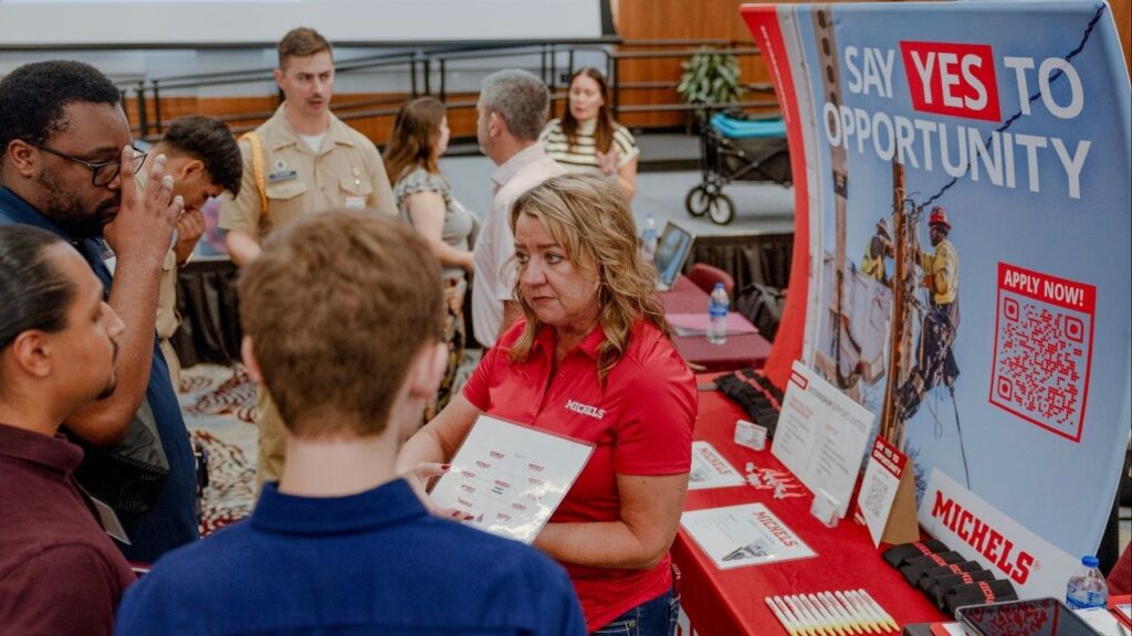 A recruitment fair at the Texas A&M Maritime Academy in Galveston, Texas, Oct. 23, 2025. The jobless rate last month rose to 4.6 percent up from 4.4 percent in September, a warning sign for the health of a labor market that has been strained by federal layoffs and rising costs. (Lexi Parra/The New York Times)