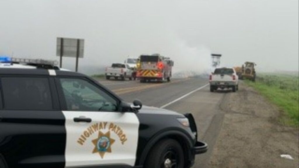 A trailer fire forced the closure of Highway 43 between Pickerell Avenue and Whitley Avenue in the Corcoran area Wednesday, Dec. 17, 2025,, with detours in place and traffic delays expected, authorities said. (CHP)