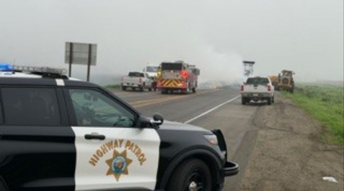 A trailer fire forced the closure of Highway 43 between Pickerell Avenue and Whitley Avenue in the Corcoran area Wednesday, Dec. 17, 2025,, with detours in place and traffic delays expected, authorities said. (CHP)