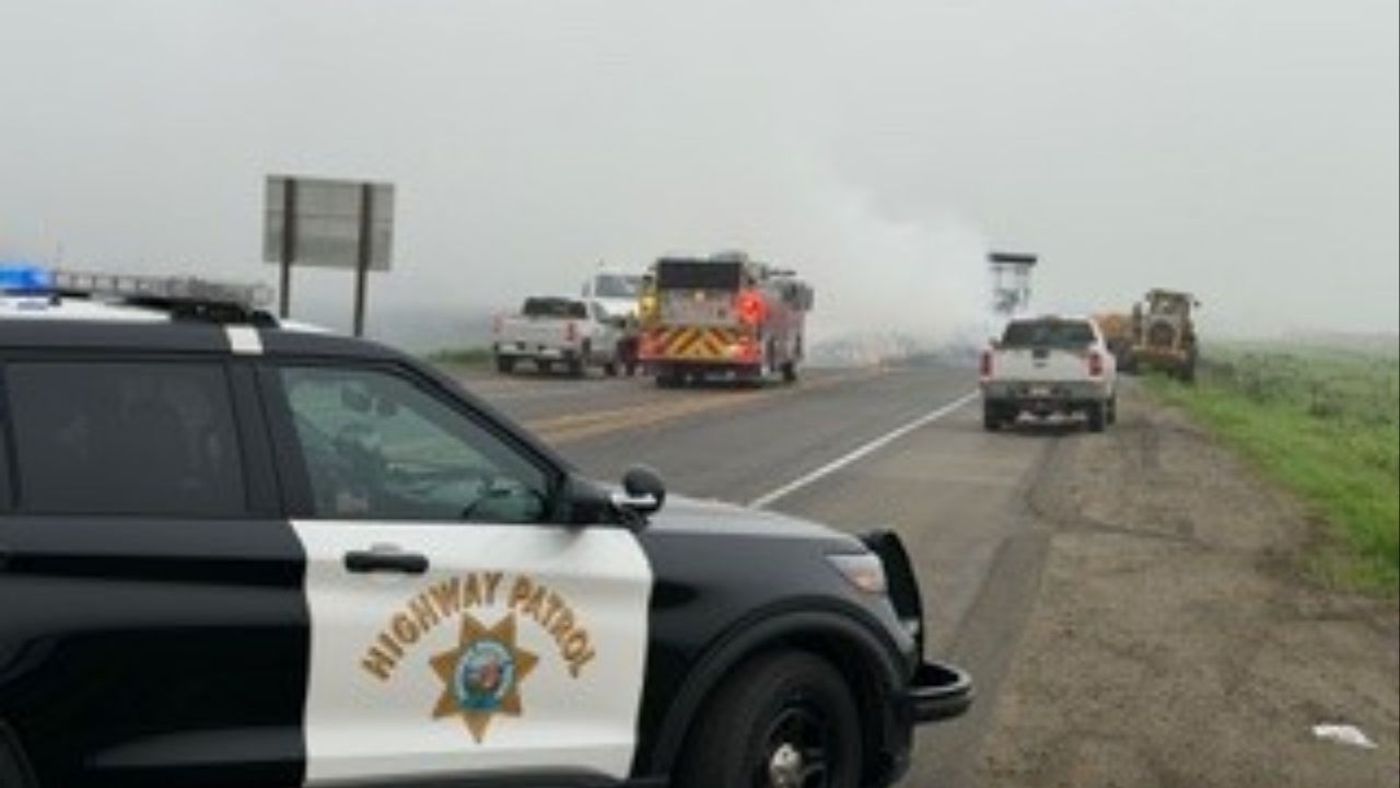 A trailer fire forced the closure of Highway 43 between Pickerell Avenue and Whitley Avenue in the Corcoran area Wednesday, Dec. 17, 2025,, with detours in place and traffic delays expected, authorities said. (CHP)