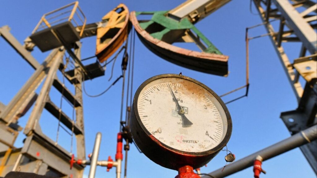 A view shows a pressure gauge near oil pump jacks outside Almetyevsk in the Republic of Tatarstan, Russia June 4, 2023. (Reuters/Alexander Manzyuk)