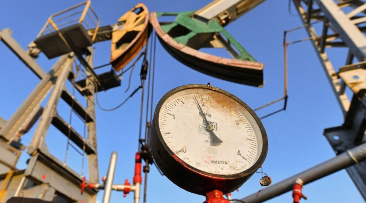 A view shows a pressure gauge near oil pump jacks outside Almetyevsk in the Republic of Tatarstan, Russia June 4, 2023. (Reuters/Alexander Manzyuk)