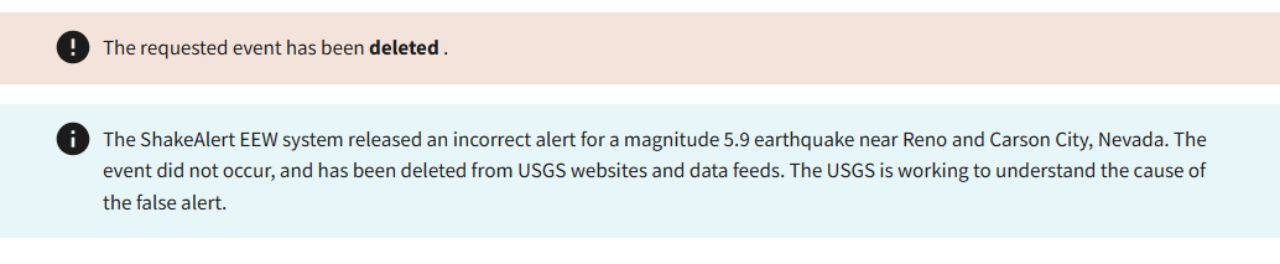 An alert from USGS regarding the false earthquake alert in Nevada on Dec. 4, 2025. (USGS)