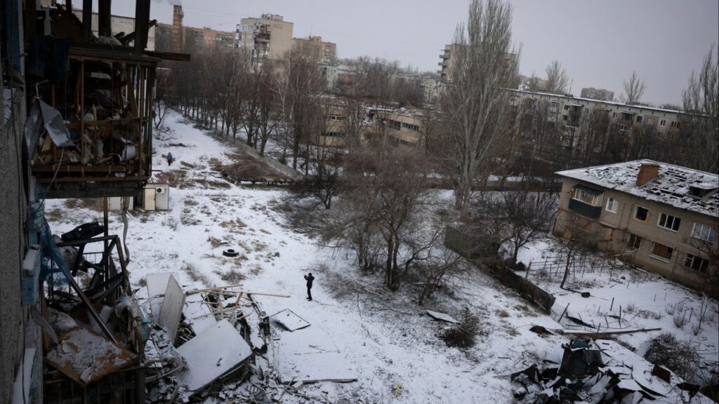 Damage from bombardment in Kostiantynivka, eastern Ukraine, Feb. 24, 2025. Two days of talks in December between President Volodymyr Zelenskyy and allies have brought some progress on security guarantees, but Russia remains opposed to any foreign forces in Ukraine. (Tyler Hicks/The New York Times)