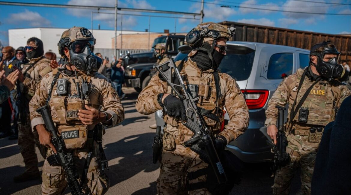 Federal agents during a confrontation with residents in the Little Village neighborhood of Chicago, Oct. 23, 2025. Immigration and Customs Enforcement told a nonprofit watchdog that it had found “no records” of body camera footage produced during its sweeping immigration enforcement operation in Chicago, raising concerns that it was skirting laws intended to ensure transparency and accountability. (Jamie Kelter Davis/The New York Times)