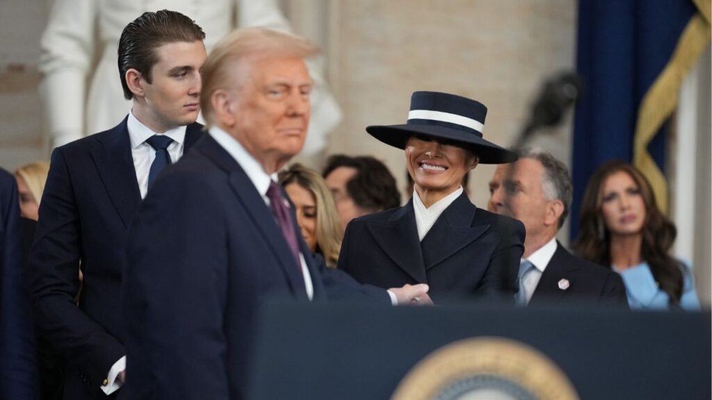 First lady Melania Trump stands with her son, Barron, as President Donald Trump during his second inauguration at the Capitol in Washington, Jan. 20, 2025. Melania Trump is portrayed as in control and assertive in the trailer for her new movie, “Melania.” (Doug Mills/The New York Times)