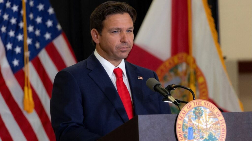 Florida Governor Ron DeSantis looks on during a press conference as he announces that Florida law enforcement will launch a criminal investigation of the apparent assassination attempt on Republican presidential nominee and former U.S. President Donald Trump, in West Palm Beach, Florida, U.S. September 17, 2024. (Reuters/Marco Bello)