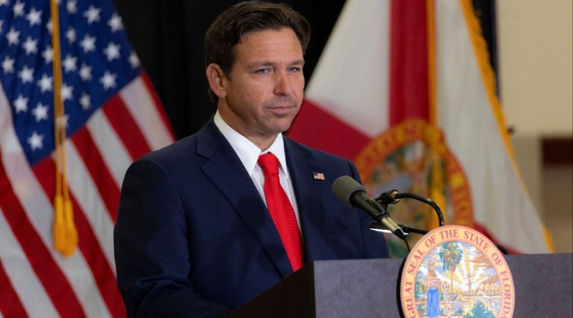 Florida Governor Ron DeSantis looks on during a press conference as he announces that Florida law enforcement will launch a criminal investigation of the apparent assassination attempt on Republican presidential nominee and former U.S. President Donald Trump, in West Palm Beach, Florida, U.S. September 17, 2024. (Reuters/Marco Bello)