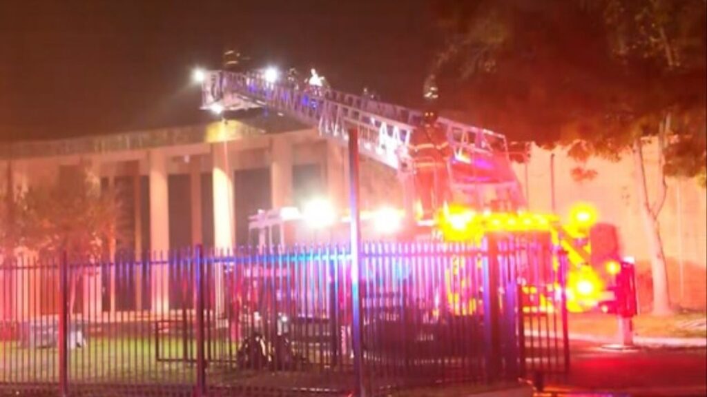 Fresno firefighters quickly extinguished a debris fire on a church roof early Wednesday, Dec. 10, 2025, after a man seen on the roof fled the scene. (Fresno FD)