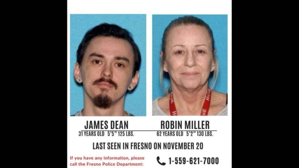 Fresno police are searching for James Dean (left), 31, and his mother, Robin Miller, 62, who were last seen Nov. 20, 2025, and may be frequenting local homeless shelters. (Fresno PD)