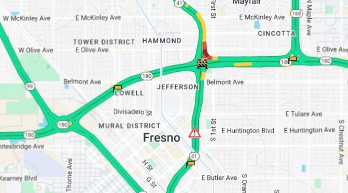 Fresno’s northbound Highway 41 to eastbound Highway 180 connector is closed Wednesday, Dec. 24, 2025, due to flooding, reopening expected by 12:30 p.m. (Caltrans)