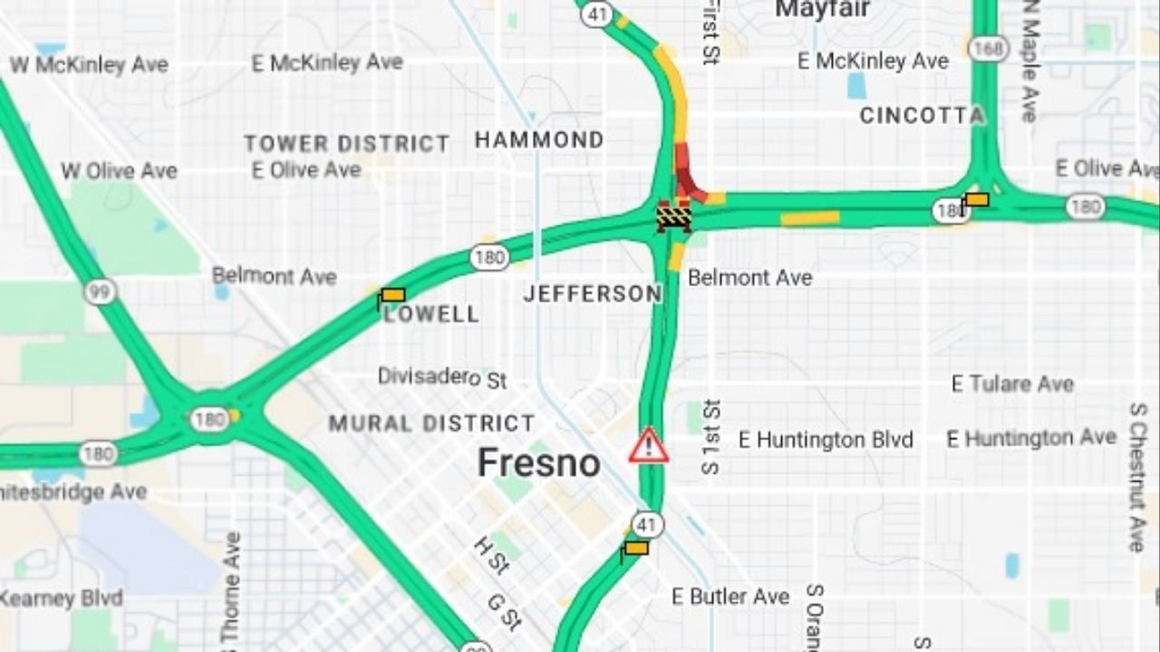 Fresno’s northbound Highway 41 to eastbound Highway 180 connector is closed Wednesday, Dec. 24, 2025, due to flooding, reopening expected by 12:30 p.m. (Caltrans)