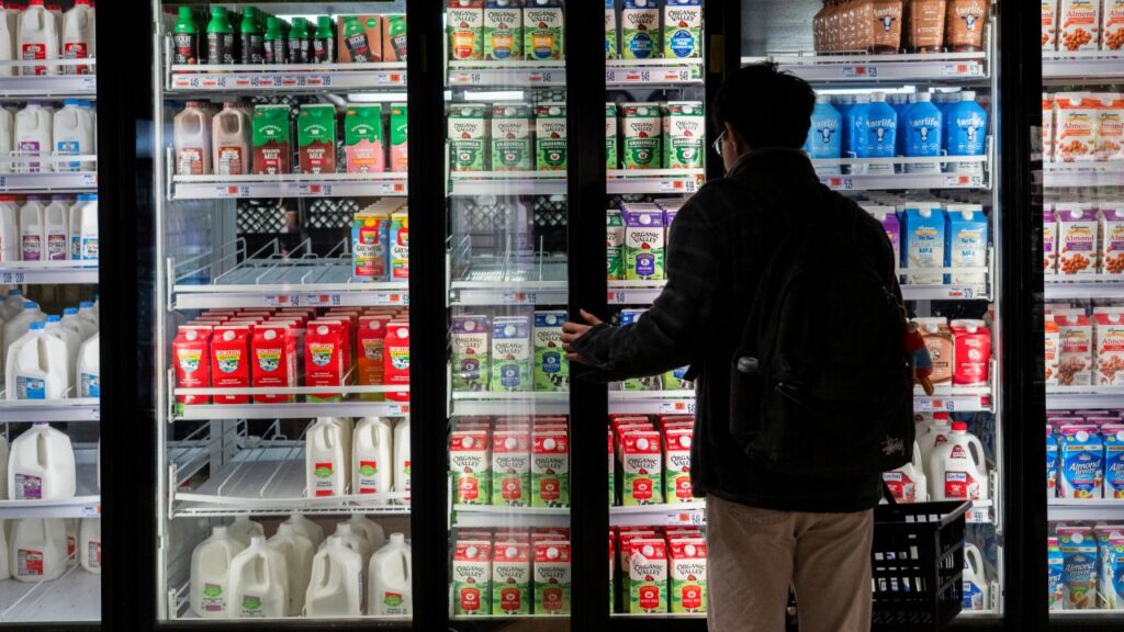 Image of a shopper in a dark coat and tan pants opening the dairy section door at a grocery store