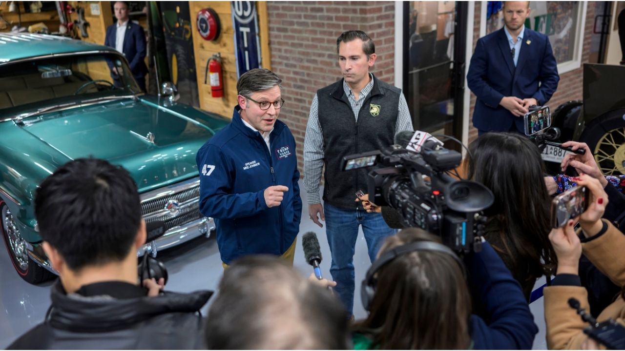 House Speaker Mike Johnson (R-La.), left, with Matt Van Epps, a Republican candidate in a House special election, in Franklin, Tenn., on Monday, Dec. 1, 2025. Johnson put President Donald Trump on speakerphone during the Monday event, underscoring the unusual amount of national attention on a House special election. (William DeShazer/The New York Times)