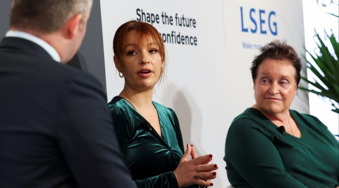 KaLeigh Long, Founder & Chief Executive Officer at Westwin Elements and Melissa Sanderson, Director at American Rare Earths take part in a conversation with Reuters Americas Mining Correspondent Ernest Scheyder, during the Reuters NEXT conference in New York City, U.S., December 4, 2025. (Reuters/Brendan McDermid)