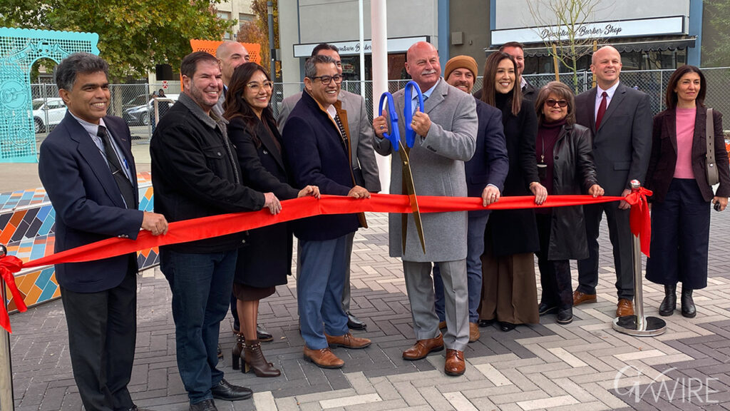 Mayor Jerry Dyer and city officials cut the ribbon for the reopening of Mariposa Plaza in downtown Fresno on Dec. 1, 2025