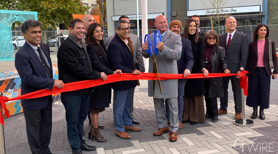 Mayor Jerry Dyer and city officials cut the ribbon for the reopening of Mariposa Plaza in downtown Fresno on Dec. 1, 2025