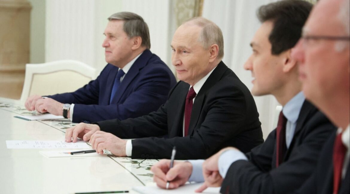 Members of the Russian delegation, led by President Vladimir Putin, attend a meeting with U.S. President Donald Trump's special envoy Steve Witkoff and son-in-law Jared Kushner at the Kremlin in Moscow, Russia, December 2, 2025. (Sputnik/Alexander Kazakov/Pool via Reuters)